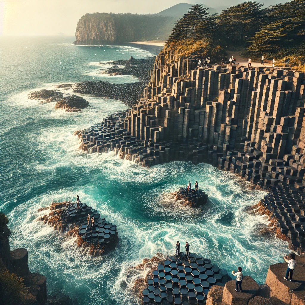 柱狀節理帶是濟州島南部的著名地質景觀,玄武岩因火山活動而形成壯觀的柱狀結構,景色壯麗,是攝影和觀賞自然景觀的絕佳地點。