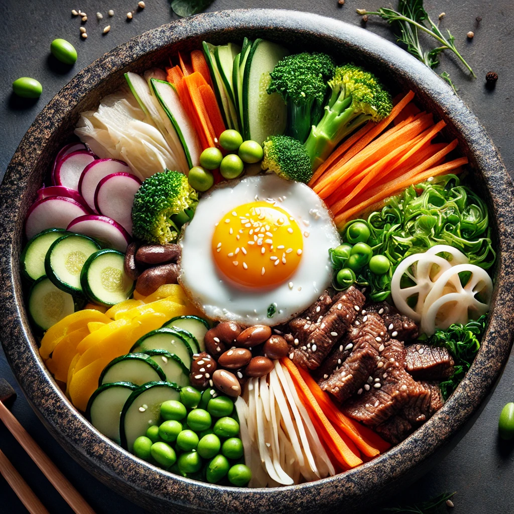 石鍋拌飯是韓國傳統的主食之一,以各種蔬菜、肉類、雞蛋和辣醬放入熱騰騰的石鍋中拌勻而成